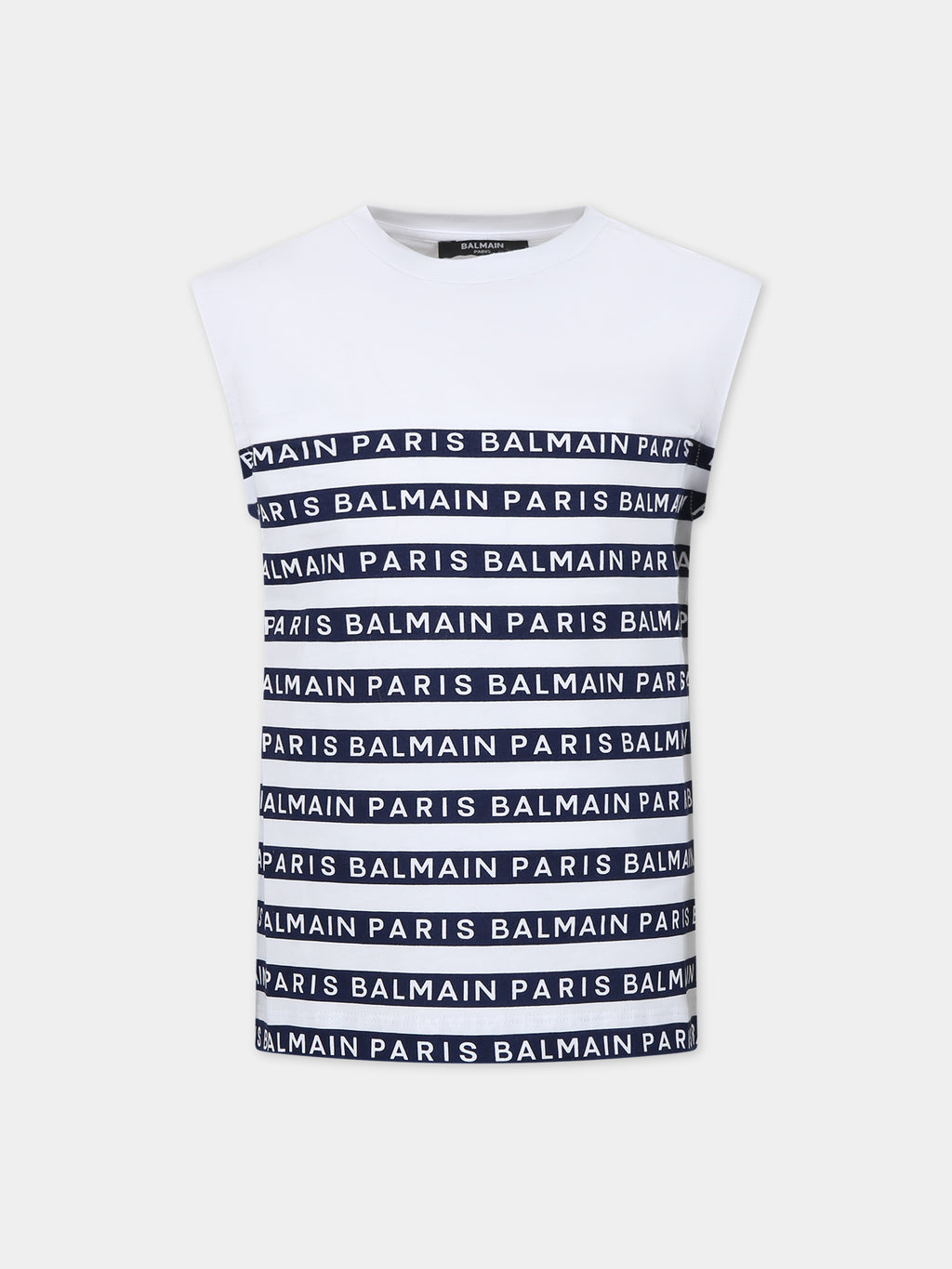 T-shirt blanc sans manches pour enfants à rayures bleues et logo